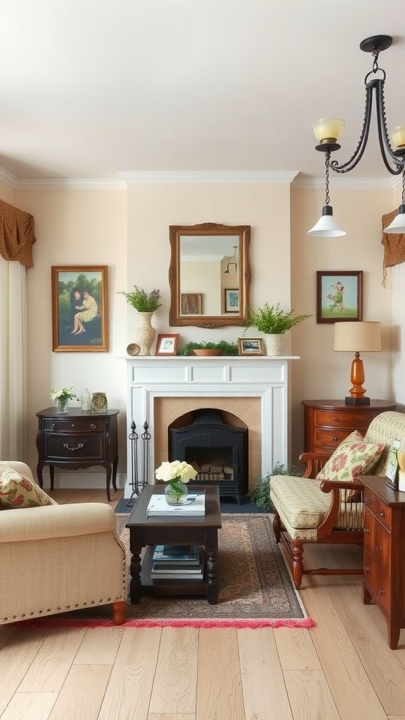 A cozy cottage living room with floral-patterned furniture, a warm color palette, vintage art, and a fireplace.