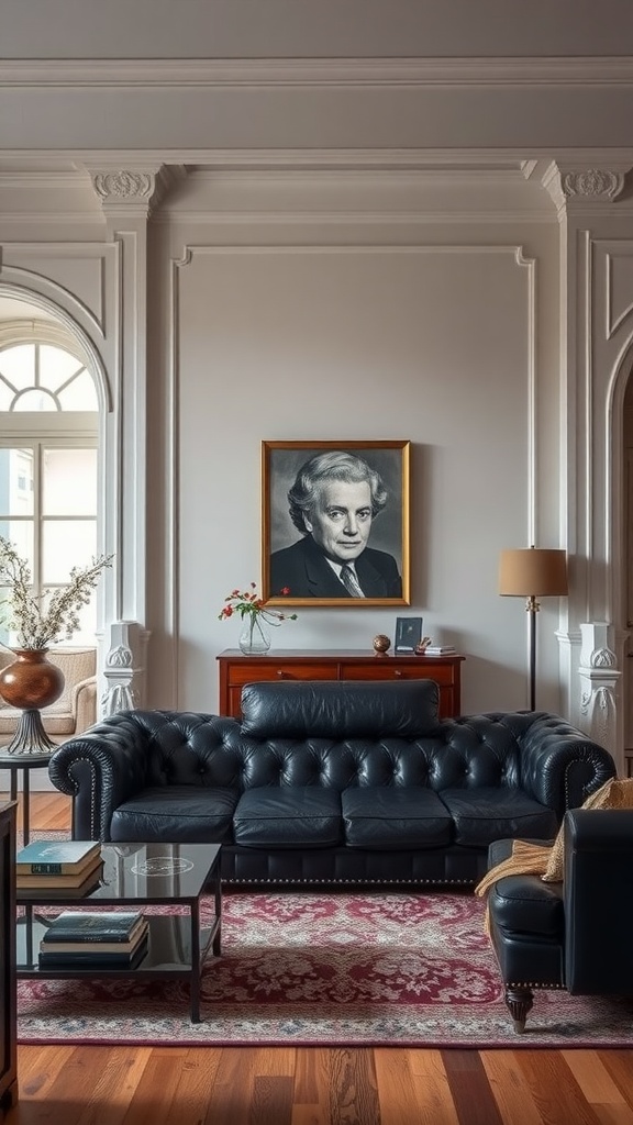 A stylish living room featuring a black leather couch, antique furniture, and a classic portrait on the wall.