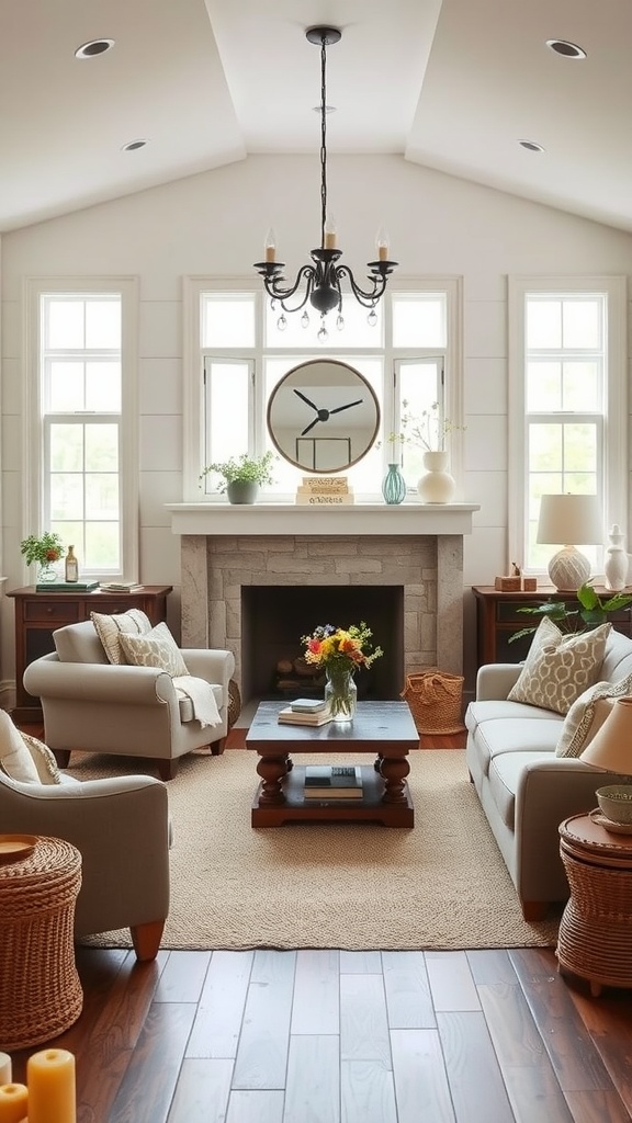 A cozy farmhouse style living room featuring gray sofas, a rustic coffee table, a stone fireplace, and large windows.