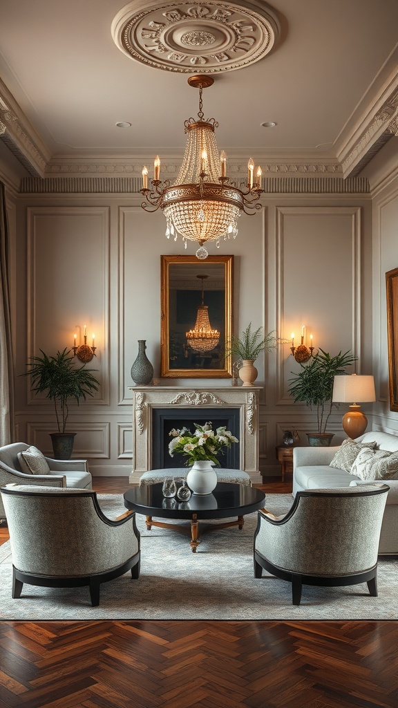 A formal living room featuring elegant furniture, a chandelier, and warm lighting.