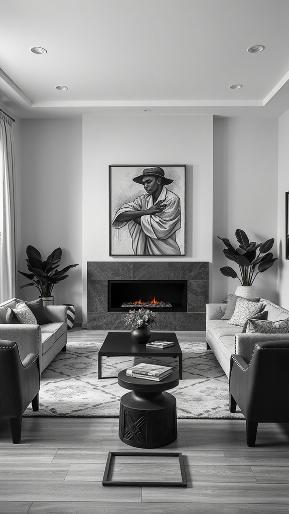 Elegant monochrome living room design featuring gray sofas, a fireplace, and artwork.