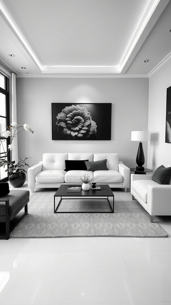 Stylish black and white living room featuring a white leather sofa, black coffee table, and decorative elements.