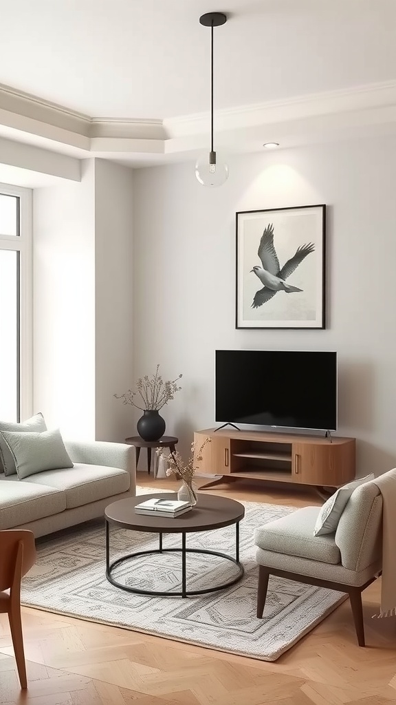 A small living room featuring a neutral color palette with light gray walls, cozy sofas, and a stylish coffee table.