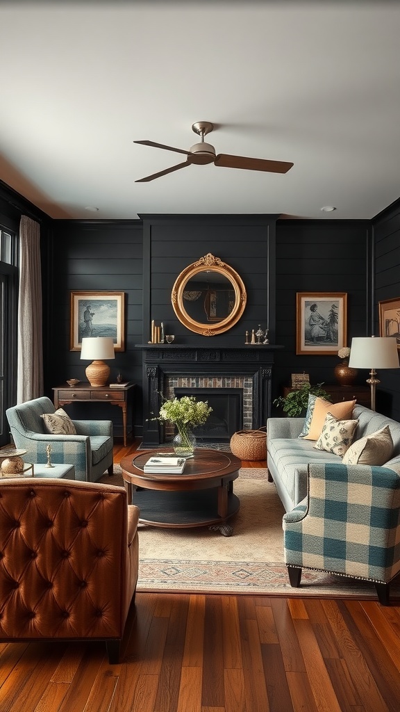 A living room featuring black shiplap walls, traditional furniture, and decorative artwork.