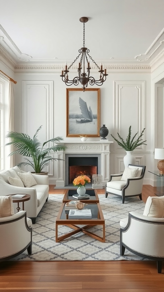 Elegant white living room with a chandelier, artwork, and plants