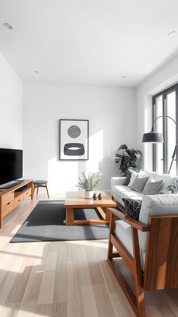 A modern living room featuring wooden furniture and a monochrome color scheme.