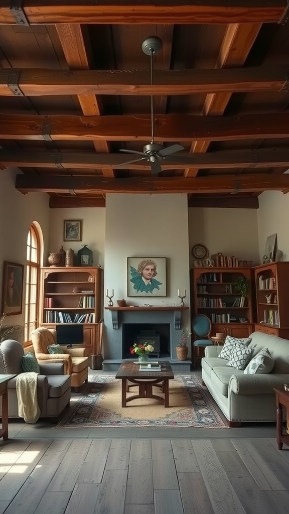 A vintage living room featuring wooden beams, cozy seating, and warm decor.