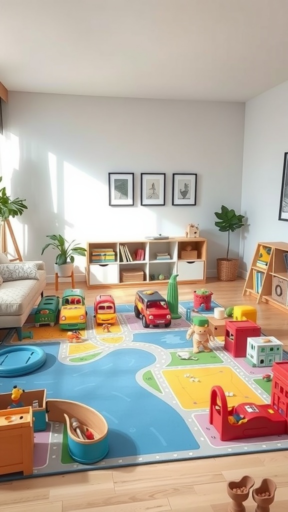 A bright living room featuring a Toy City playmat surrounded by colorful toy vehicles and storage solutions.