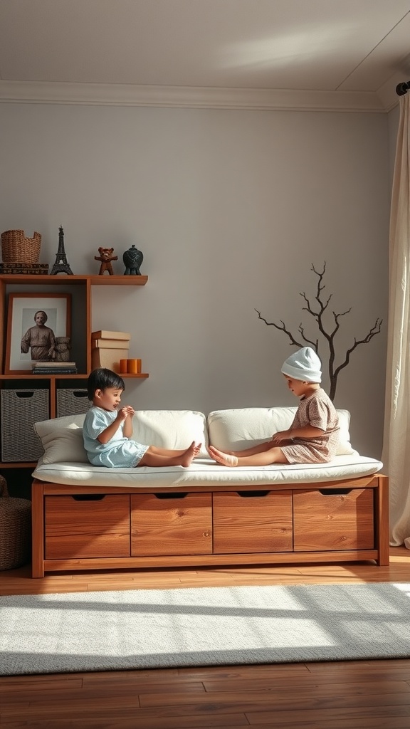 Two children sitting on a toy storage bench with a cushion, playing happily.