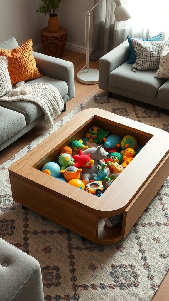 A wooden coffee table with a compartment full of colorful toys in a cozy living room