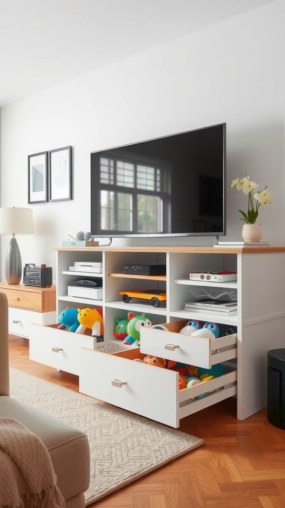 A modern entertainment center with toy storage, featuring colorful stuffed animals in drawers.