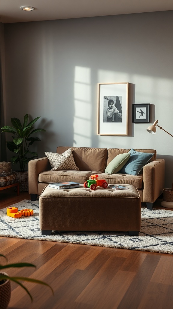 A cozy living room featuring a toy storage ottoman, a comfortable couch, and scattered toys, creating a family-friendly atmosphere.