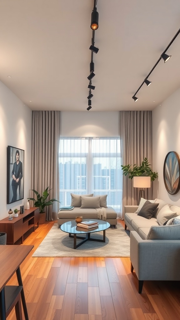 A modern living room featuring track lighting on the ceiling, highlighting the stylish decor and creating a bright atmosphere.