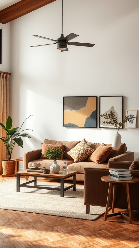 Cozy living room featuring a brown sofa, abstract art, wooden flooring, and a potted plant.