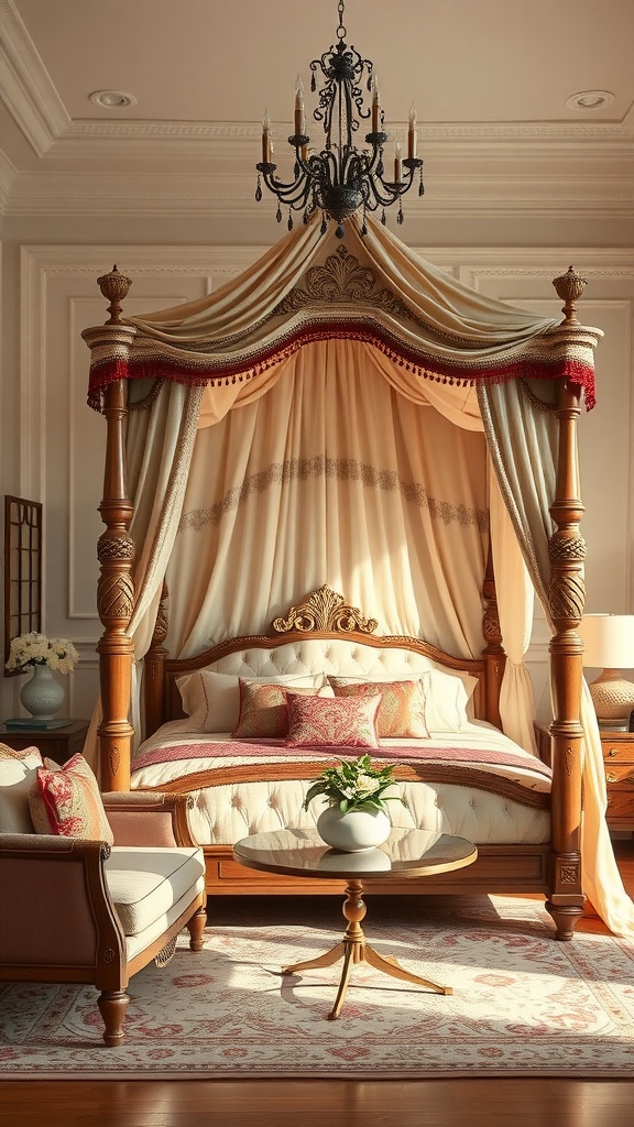 Elegant traditional canopy bed with drapery and cozy seating area