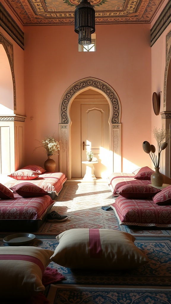 Cozy Moroccan living room with traditional floor cushions and a warm ambiance