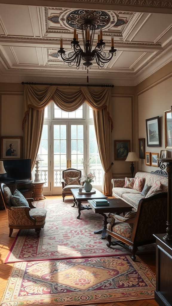 A traditional living room dining room featuring elegant furniture, intricate ceiling design, and warm natural light.