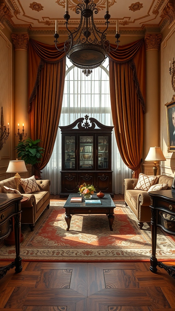 A traditional brown living room featuring dark wood furniture, elegant curtains, and a cozy atmosphere.