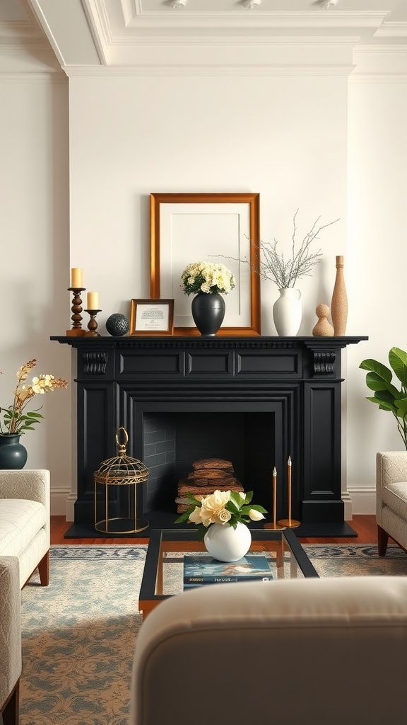 A cozy living room featuring a black fireplace mantel decorated with candles, vases, and a flower arrangement.