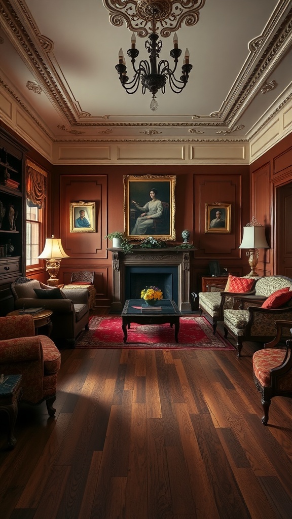 An elegant living room with dark wood flooring, ornate furniture, and traditional decor.