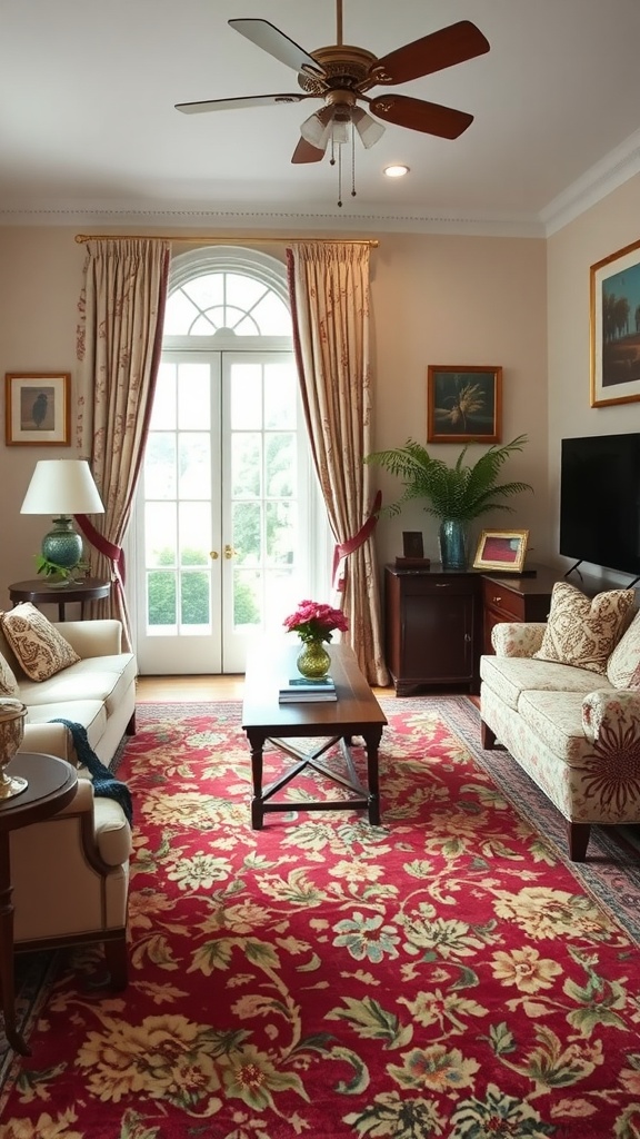 A living room featuring traditional floral motif rug with red background and colorful floral designs.