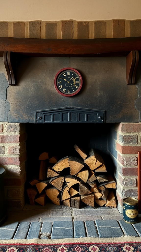 Interior view of a traditional English fireplace with stacked firewood and a clock above.