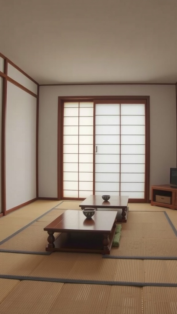 Traditional Japanese living room with tatami flooring and wooden tables