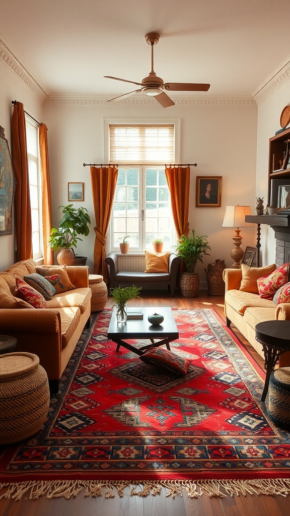 Cozy living room featuring a traditional Kilim rug with vibrant patterns, warm-toned sofas, and plants