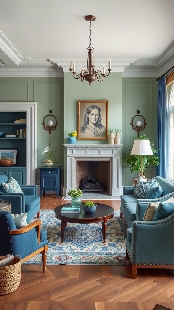 Living room with green walls, blue furniture, and traditional decor