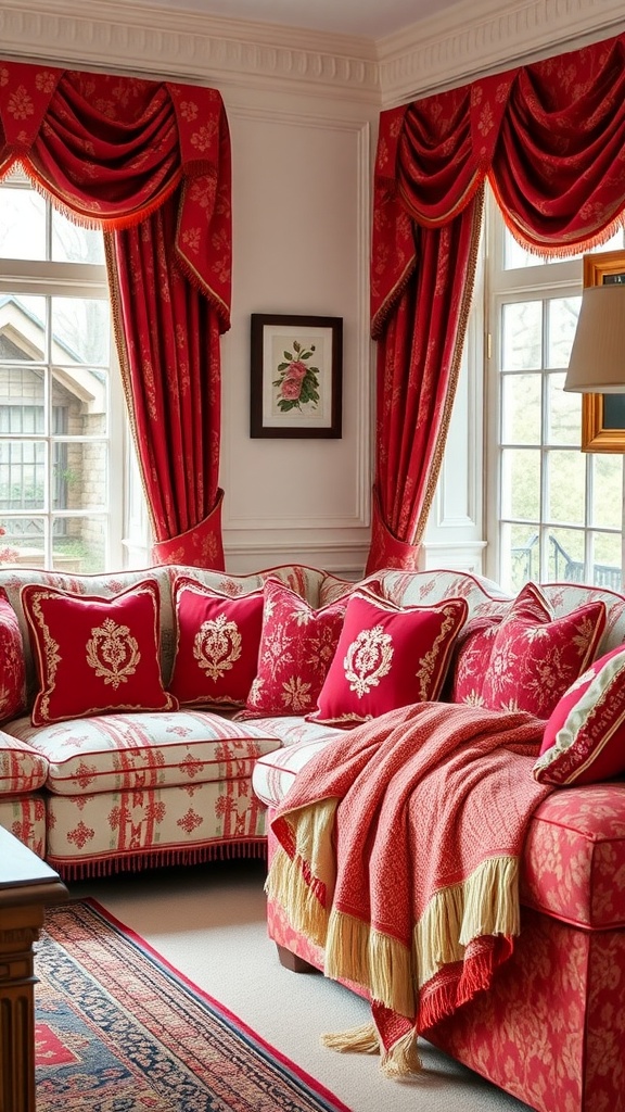 A traditional living room with red and white textiles, featuring a red sofa with decorative cushions, a cozy throw, and elegant curtains.