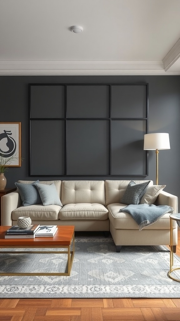 A traditional beige sectional in a stylish living room with a wooden coffee table and decorative pillows.