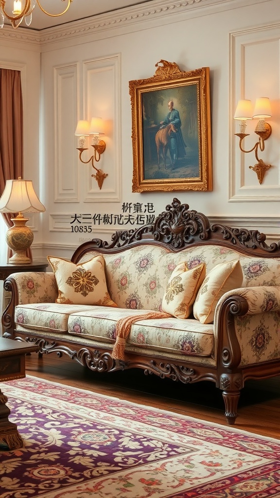 Traditional living room with ornate wooden sofa and floral upholstery.