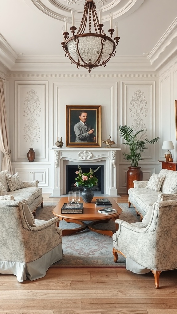 A traditional white living room featuring elegant furniture, intricate moldings, and a classic chandelier.