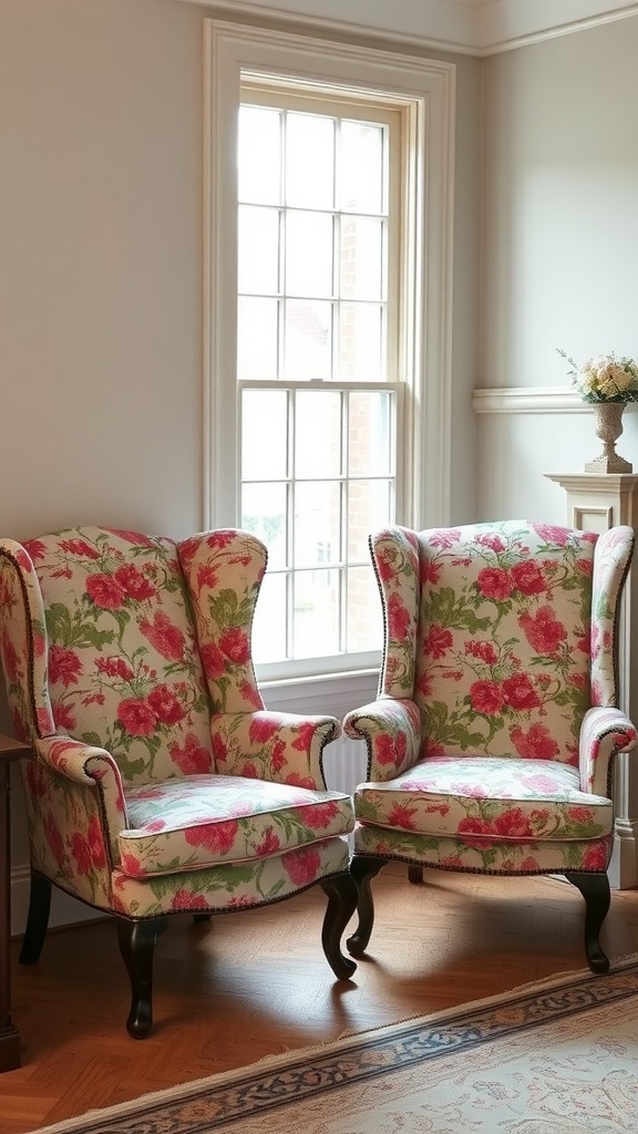 Two floral wingback chairs in a cozy living room setting