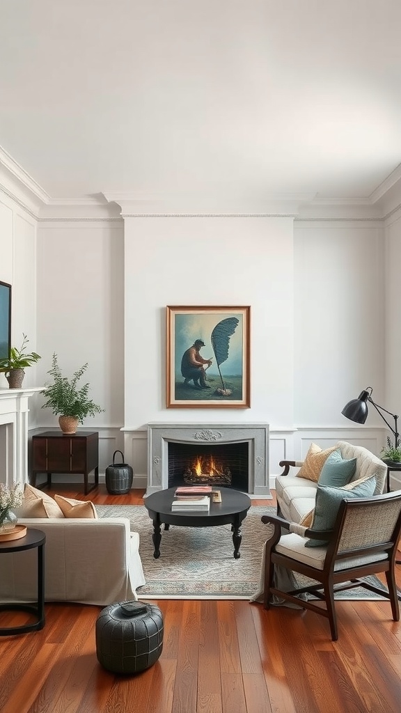 A traditional living room featuring elegant furniture, a round coffee table, a fireplace, and decorative art.