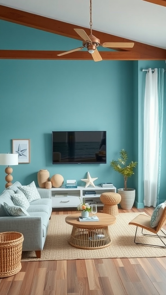 A living room featuring aqua blue walls, wooden beams, a light sofa, and natural decor elements.