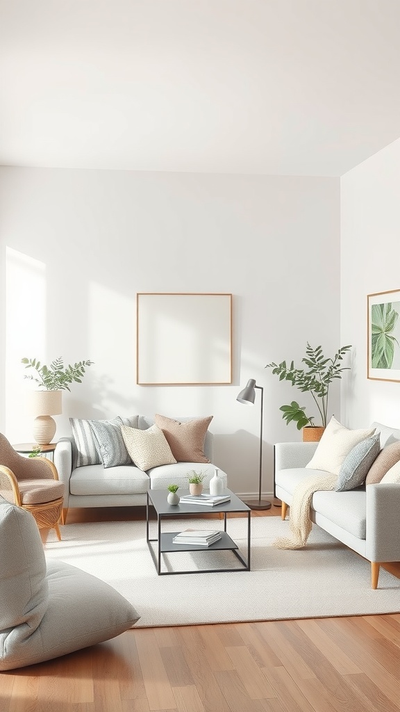 A serene living room with neutral colors, cozy sofas, and plants.