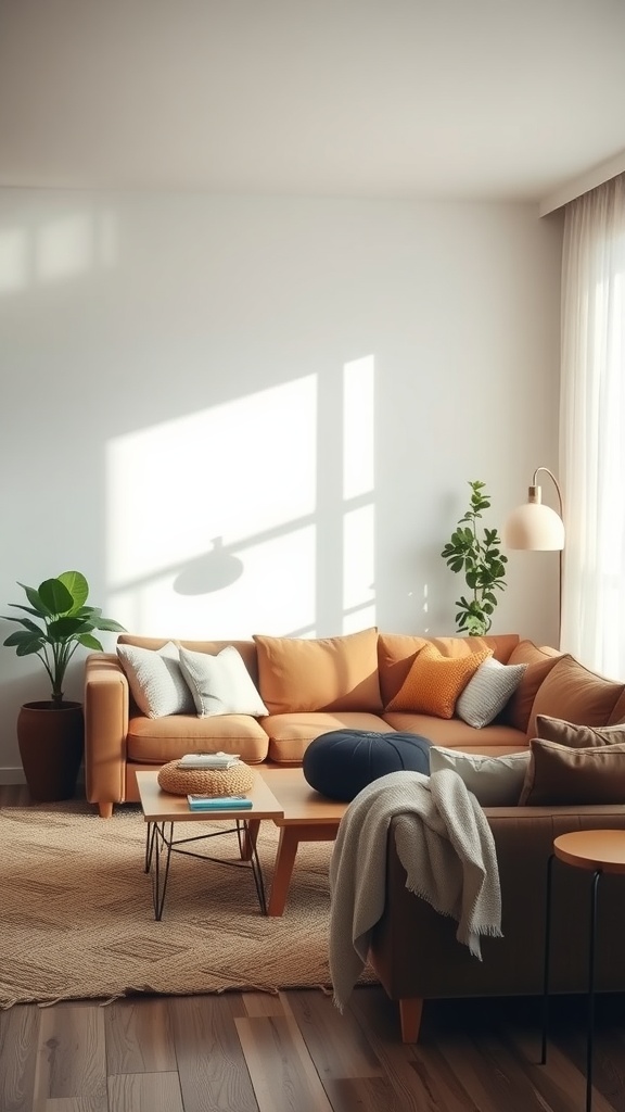 A tranquil living room featuring a brown couch, soft pillows, a low coffee table, and plants, bathed in natural light.