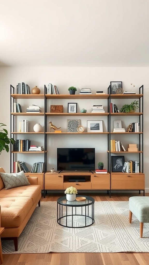 A modern living room featuring a stylish shelving unit with books and decorative items, complemented by a cozy couch and coffee table.