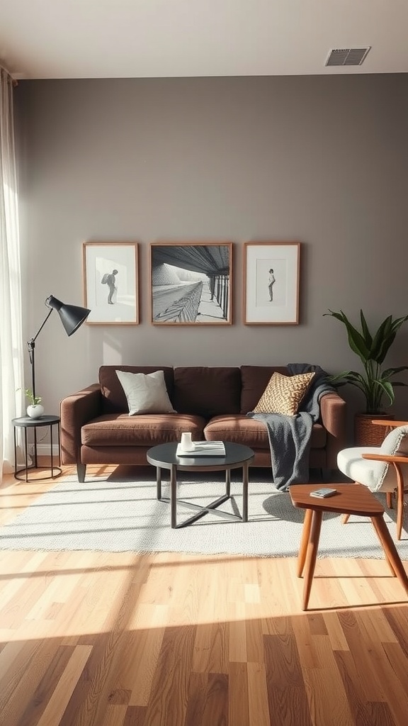 A small living room featuring a dark brown sofa, light walls, wooden flooring, and decorative elements.