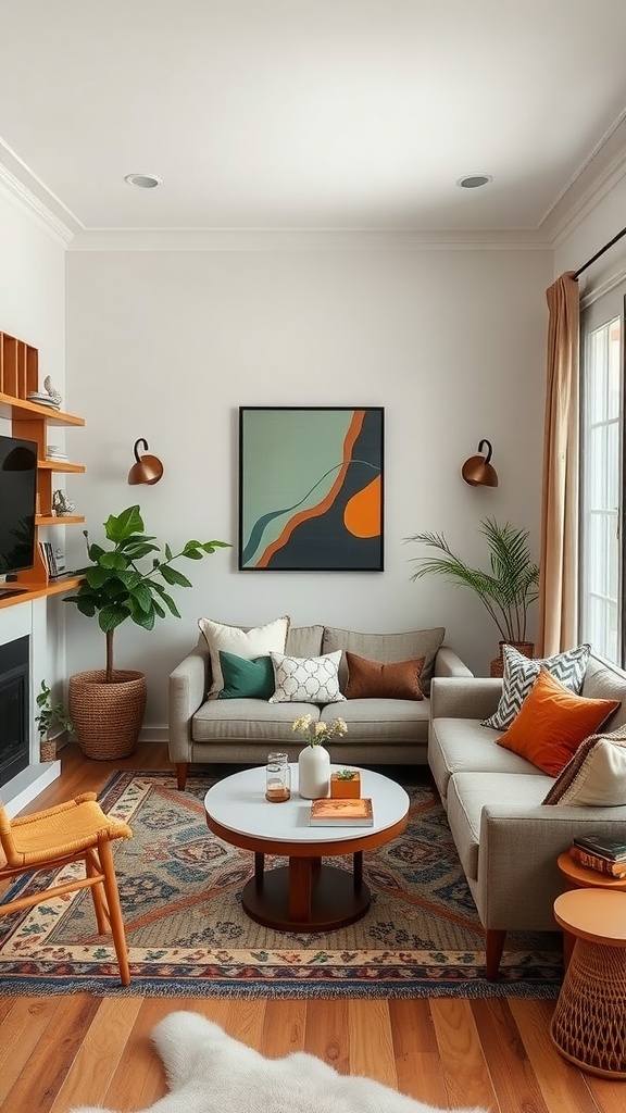 Modern western living room featuring a cozy sofa, vibrant decor, and a plant.