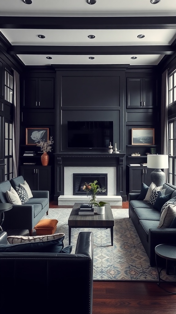 A stylish living room featuring black cabinetry, plush sofas, and a warm atmosphere.