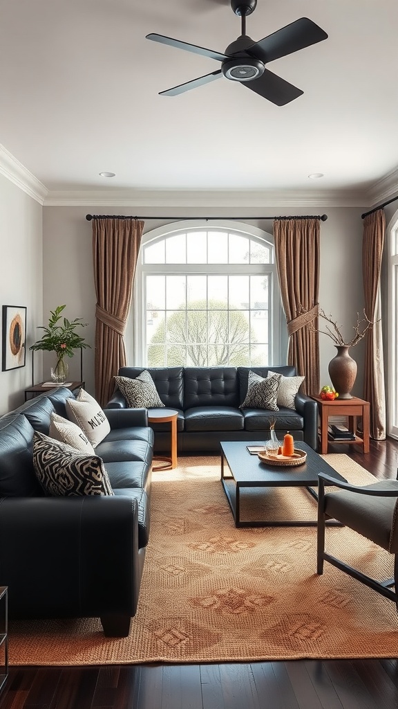 A cozy living room featuring a black leather couch, warm curtains, and a stylish coffee table.