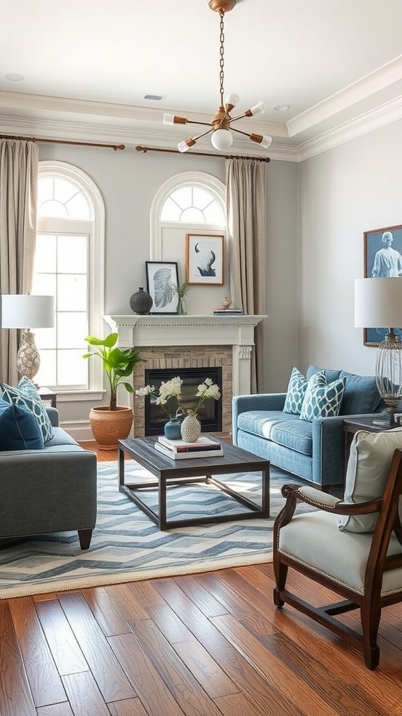 A cozy living room featuring blue and gray furniture, wooden accents, and large windows.