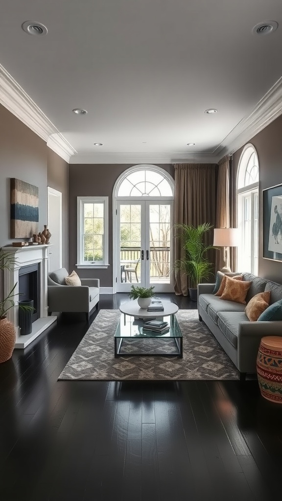 A stylish living room featuring a black floor, light gray sofa, and large windows with natural light, showcasing a transitional design.