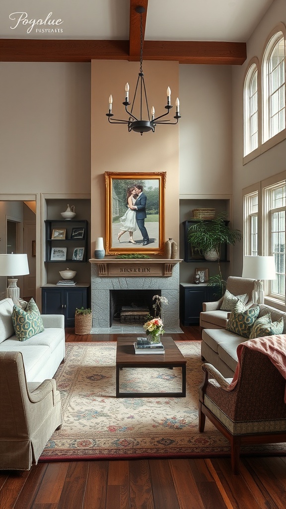 A cozy, elegantly designed living room featuring a blend of traditional and contemporary decor.