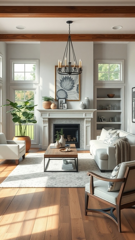 Living room featuring a blend of traditional and modern design elements, including a chandelier, green plants, and natural light.