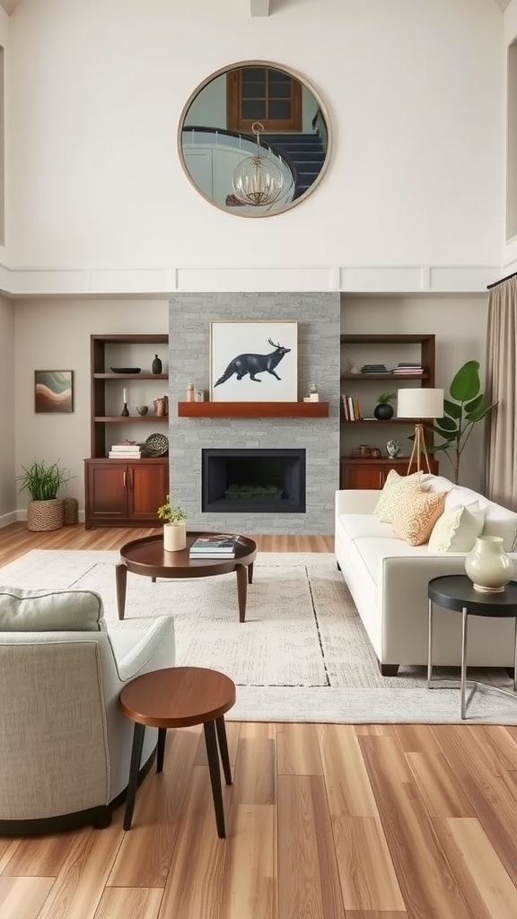 A neutral living room featuring transitional style elements with light wood, dark wood accents, and stylish furniture.