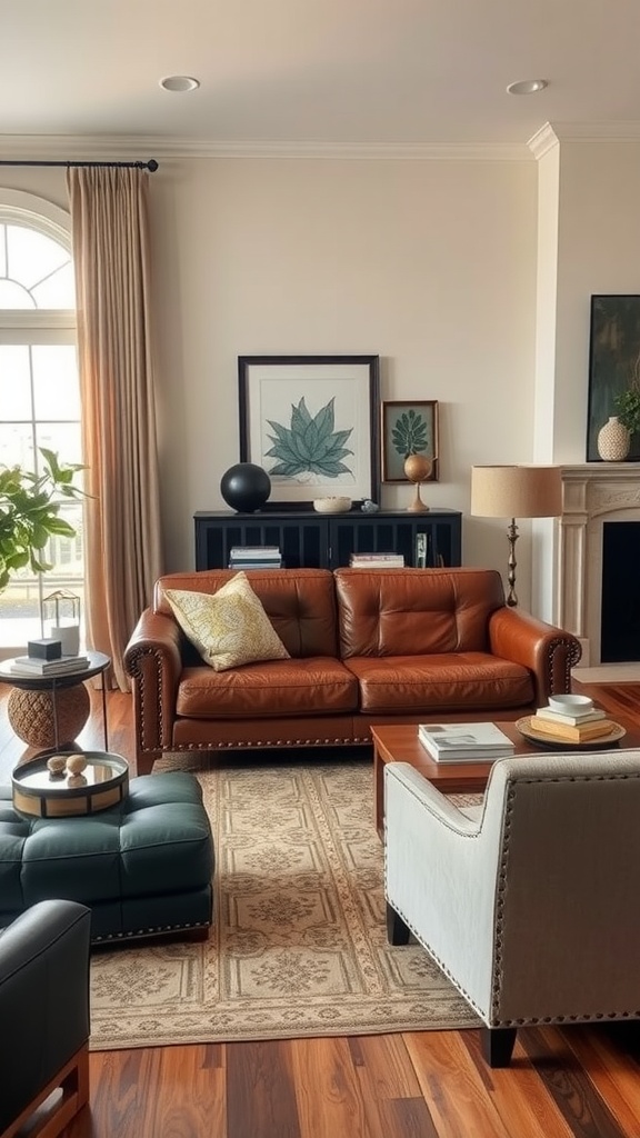 A cozy living room featuring a brown leather sofa, blue ottoman, and decorative art on the walls.