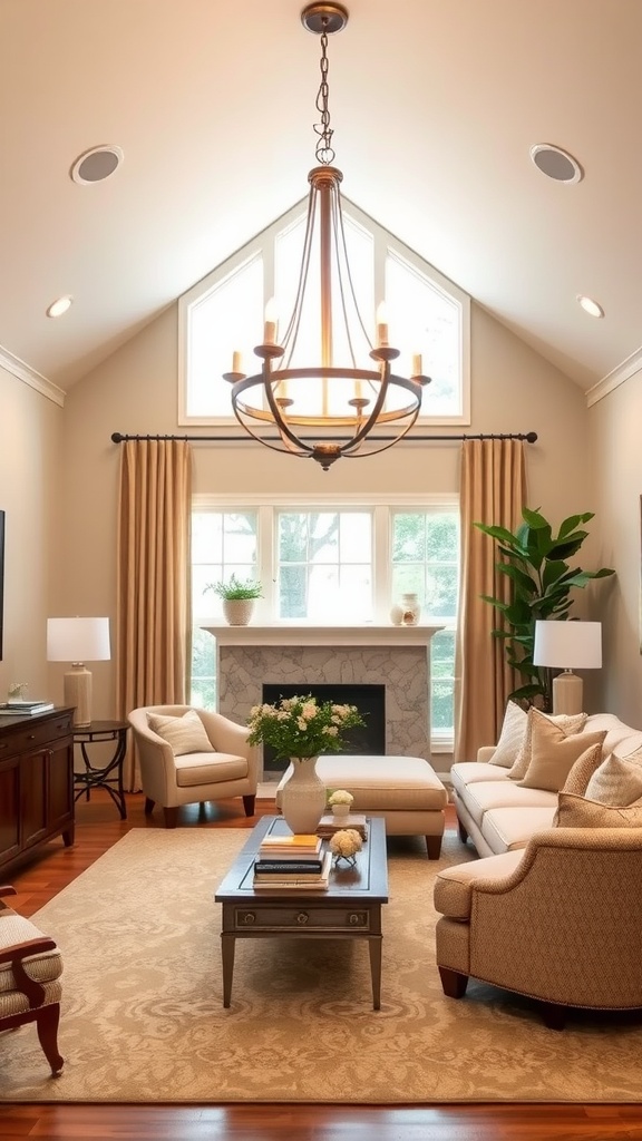 A transitional style living room featuring a stylish chandelier, neutral tones, and elegant furnishings.